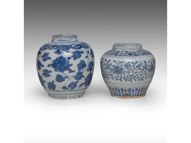 Four chinese blue and white shipwreck wares, incl. a fine 'scrolling lotus' jar and a 'buddhist lion' round box and cover, ming dynasty, h 9 - 10,5 - ø 12 cm - afbeelding 14 van  17