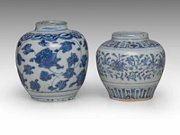 Four chinese blue and white shipwreck wares, incl. a fine 'scrolling lotus' jar and a 'buddhist lion' round box and cover, ming dynasty, h 9 - 10,5 - ø 12 cm - afbeelding 14 van  17
