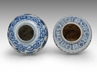 Four chinese blue and white shipwreck wares, incl. a fine 'scrolling lotus' jar and a 'buddhist lion' round box and cover, ming dynasty, h 9 - 10,5 - ø 12 cm - afbeelding 15 van  17