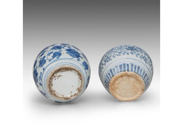 Four chinese blue and white shipwreck wares, incl. a fine 'scrolling lotus' jar and a 'buddhist lion' round box and cover, ming dynasty, h 9 - 10,5 - ø 12 cm - afbeelding 16 van  17