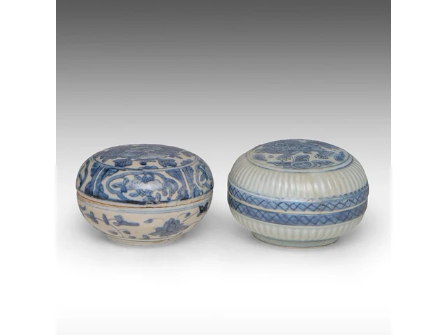 Four chinese blue and white shipwreck wares, incl. a fine 'scrolling lotus' jar and a 'buddhist lion' round box and cover, ming dynasty, h 9 - 10,5 - ø 12 cm - afbeelding 17 van  17