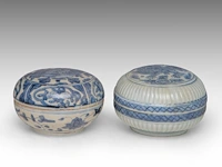 Four chinese blue and white shipwreck wares, incl. a fine 'scrolling lotus' jar and a 'buddhist lion' round box and cover, ming dynasty, h 9 - 10,5 - ø 12 cm - afbeelding 17 van  17