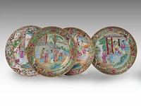 Four chinese canton 'figures on a terrace' plates, 19thc, ø 24 - 25 cm