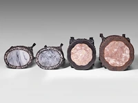 Four chinese rounded hardwood bases, incl. a pair inlaid with mother-of-pearl, late qing, tallest h 59 cm - afbeelding 3 van  12