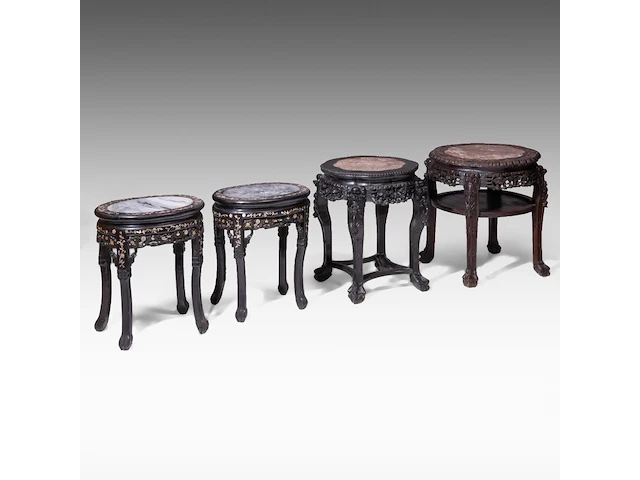 Four chinese rounded hardwood bases, incl. a pair inlaid with mother-of-pearl, late qing, tallest h 59 cm - afbeelding 1 van  12