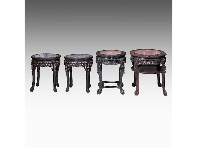 Four chinese rounded hardwood bases, incl. a pair inlaid with mother-of-pearl, late qing, tallest h 59 cm - afbeelding 11 van  12