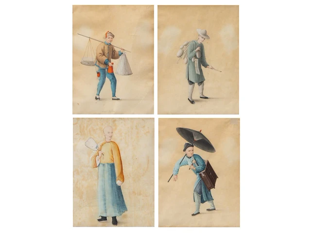 Four drawings depicting the traditional chinese four noble occupations, watercolour on paper, 19thc, 21 x 27 cm 27 x 21 cm. (10.63 x 8.26 in.), frame: 41 x 35 cm. (16.14 x 13.77 in.) - afbeelding 1 van  9