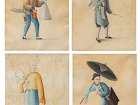 Four drawings depicting the traditional chinese four noble occupations, watercolour on paper, 19thc, 21 x 27 cm 27 x 21 cm. (10.63 x 8.26 in.), frame: 41 x 35 cm. (16.14 x 13.77 in.)
