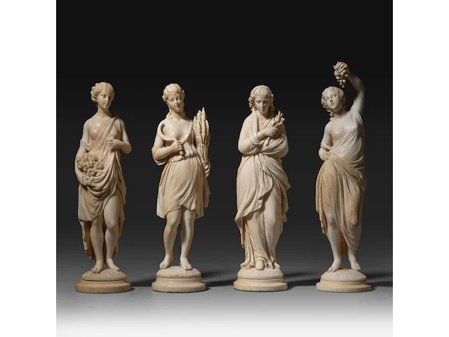 Four fine ivory figures representing the four seasons, french, 19thc, h ca. 20 cm (+) - afbeelding 1 van  8