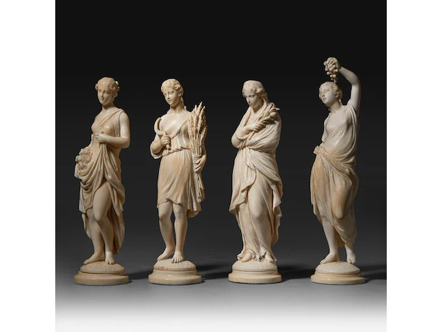 Four fine ivory figures representing the four seasons, french, 19thc, h ca. 20 cm (+) - afbeelding 2 van  8