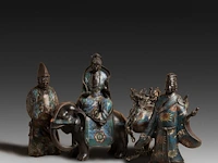 Four japanese champlevé enameled bronzes depicting mythical figures and one censer, signed, 19th/20thc, tallest h 44 cm