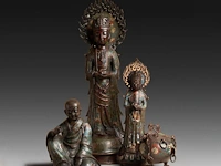 Four japanese champlevé enameled bronzes, three figures and a censer, 19th/20thc, tallest h 67,5 cm