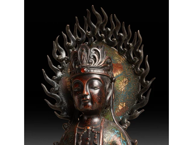 Four japanese champlevé enameled bronzes, three figures and a censer, 19th/20thc, tallest h 67,5 cm - afbeelding 8 van  10