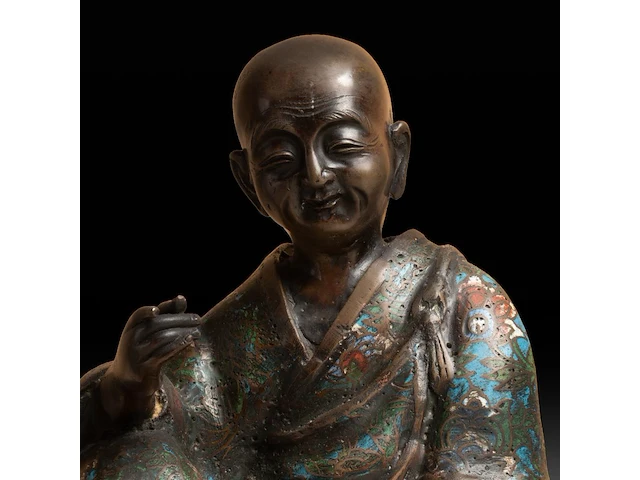 Four japanese champlevé enameled bronzes, three figures and a censer, 19th/20thc, tallest h 67,5 cm - afbeelding 9 van  10