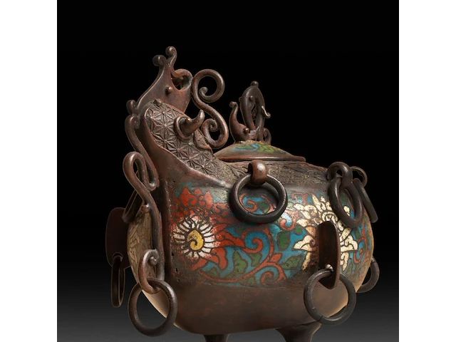 Four japanese champlevé enameled bronzes, three figures and a censer, 19th/20thc, tallest h 67,5 cm - afbeelding 10 van  10