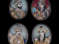 Four mughal portrait miniatures depicting mughal rulers, watercolour on ivory, 19thc, all 6,5 cm x 5,5 cm - weight (ivory only) ca. 6g (+)