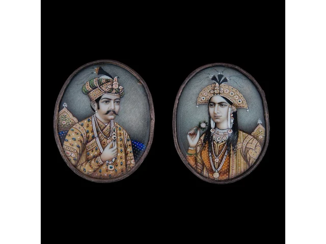 Four mughal portrait miniatures depicting mughal rulers, watercolour on ivory, 19thc, all 6,5 cm x 5,5 cm - weight (ivory only) ca. 6g (+) - afbeelding 4 van  4