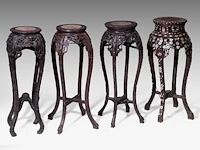 Four tall chinese carved hardwood stands, incl. one inlaid with mother-of-pearl, late qing, h 91 - 92 cm