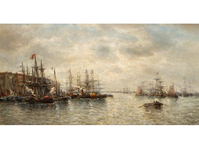 François etienne musin (1820-1888), view of a port, oil on mahogany 31 x 58 cm. (12.19 x 22.82 in.), frame: 50 x 77 cm. (19.67 x 30.30 in.) - afbeelding 1 van  6