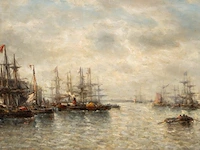 François etienne musin (1820-1888), view of a port, oil on mahogany 31 x 58 cm. (12.19 x 22.82 in.), frame: 50 x 77 cm. (19.67 x 30.30 in.)