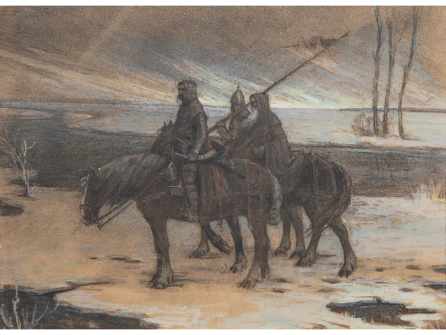 François joseph damien (1879-1973), knights travelling through the snow, pastel and charcoal 50 x 68 cm. (19.67 x 26.76 in.), frame: 64 x 81 cm. (25.19 x 31.89 in.) - afbeelding 1 van  6