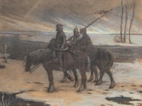 François joseph damien (1879-1973), knights travelling through the snow, pastel and charcoal 50 x 68 cm. (19.67 x 26.76 in.), frame: 64 x 81 cm. (25.19 x 31.89 in.)