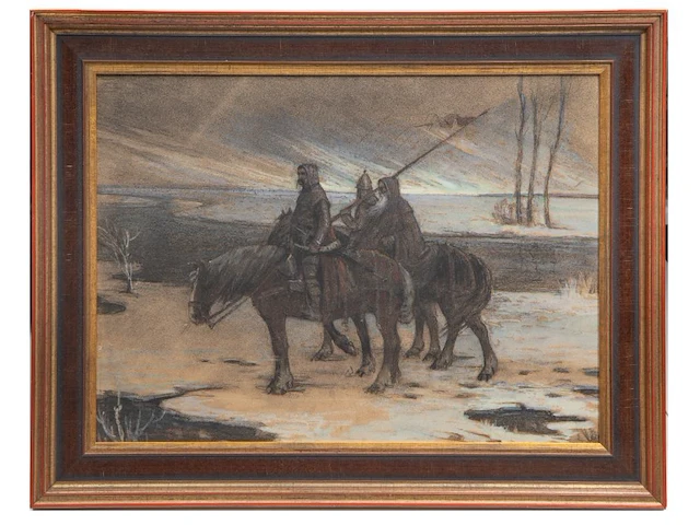François joseph damien (1879-1973), knights travelling through the snow, pastel and charcoal 50 x 68 cm. (19.67 x 26.76 in.), frame: 64 x 81 cm. (25.19 x 31.89 in.) - afbeelding 2 van  6