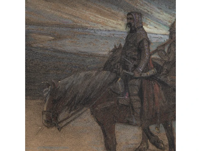 François joseph damien (1879-1973), knights travelling through the snow, pastel and charcoal 50 x 68 cm. (19.67 x 26.76 in.), frame: 64 x 81 cm. (25.19 x 31.89 in.) - afbeelding 5 van  6