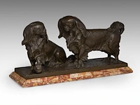 Frans jochems (1880-1949), two pekingese dogs, patinated bronze, cast by corbeels, antwerp the bronze: 33 x 66 cm. (12.99 x 25.98 in.), with marble base: 37 x 71 cm. (14.57 x 27.94 in.)