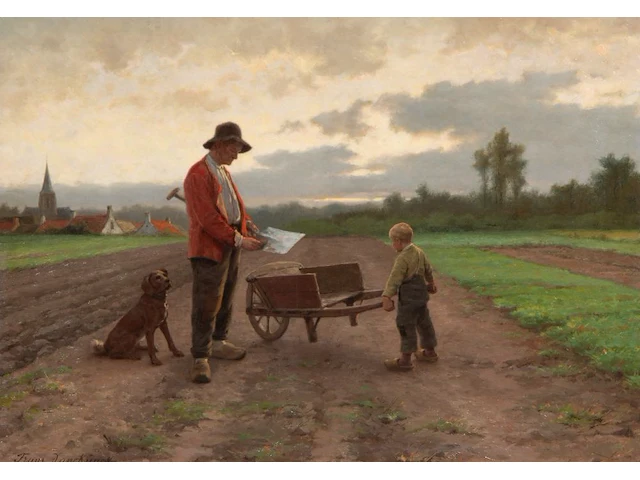 Frans pieter van kuyck (1852-1915), farmer with his son and dog, oil on canvas 50 x 70 cm. (19.67 x 27.55 in.), frame: 74 x 94 cm. (29.12 x 37.00 in.) - afbeelding 1 van  5