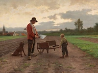Frans pieter van kuyck (1852-1915), farmer with his son and dog, oil on canvas 50 x 70 cm. (19.67 x 27.55 in.), frame: 74 x 94 cm. (29.12 x 37.00 in.)