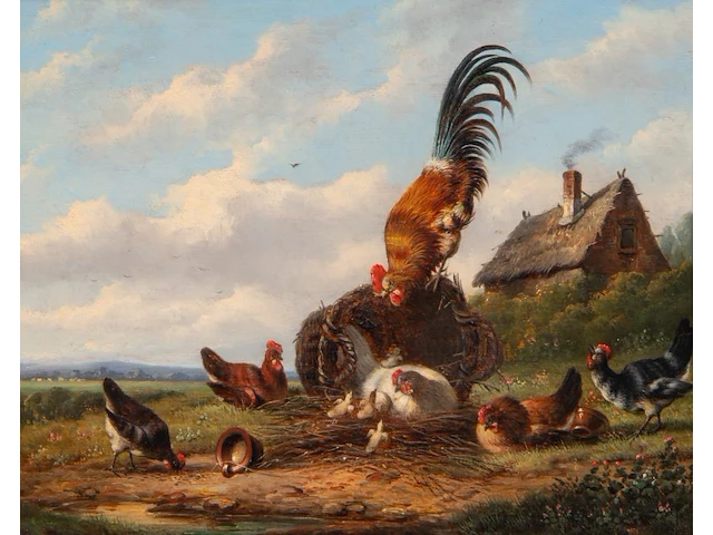 Frans van severdonck (1809-1889), chickens and a rooster in a landscape, oil on panel 26 x 32 cm. (10.24 x 12.59 in.), frame: 56.5 x 50 cm. (22.23 x 19.67 in.) - afbeelding 1 van  5