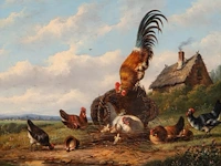 Frans van severdonck (1809-1889), chickens and a rooster in a landscape, oil on panel 26 x 32 cm. (10.24 x 12.59 in.), frame: 56.5 x 50 cm. (22.23 x 19.67 in.)