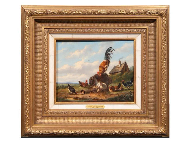 Frans van severdonck (1809-1889), chickens and a rooster in a landscape, oil on panel 26 x 32 cm. (10.24 x 12.59 in.), frame: 56.5 x 50 cm. (22.23 x 19.67 in.) - afbeelding 2 van  5