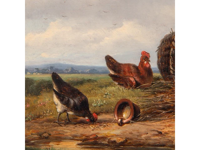 Frans van severdonck (1809-1889), chickens and a rooster in a landscape, oil on panel 26 x 32 cm. (10.24 x 12.59 in.), frame: 56.5 x 50 cm. (22.23 x 19.67 in.) - afbeelding 4 van  5