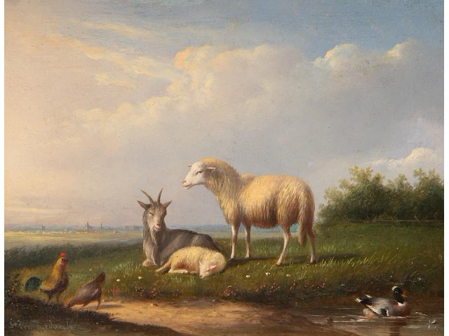 Frans van severdonck (1809-1889), sheep, a goat and chickens in a landscape, oil on panel 18 x 24 cm. (7.08 x 9.44 in.), frame: 43.5 x 49 cm. (17.12 x 19.28 in.) - afbeelding 1 van  6