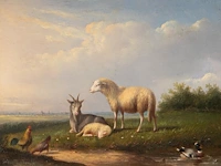 Frans van severdonck (1809-1889), sheep, a goat and chickens in a landscape, oil on panel 18 x 24 cm. (7.08 x 9.44 in.), frame: 43.5 x 49 cm. (17.12 x 19.28 in.)