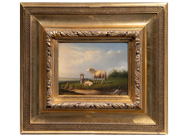 Frans van severdonck (1809-1889), sheep, a goat and chickens in a landscape, oil on panel 18 x 24 cm. (7.08 x 9.44 in.), frame: 43.5 x 49 cm. (17.12 x 19.28 in.) - afbeelding 2 van  6