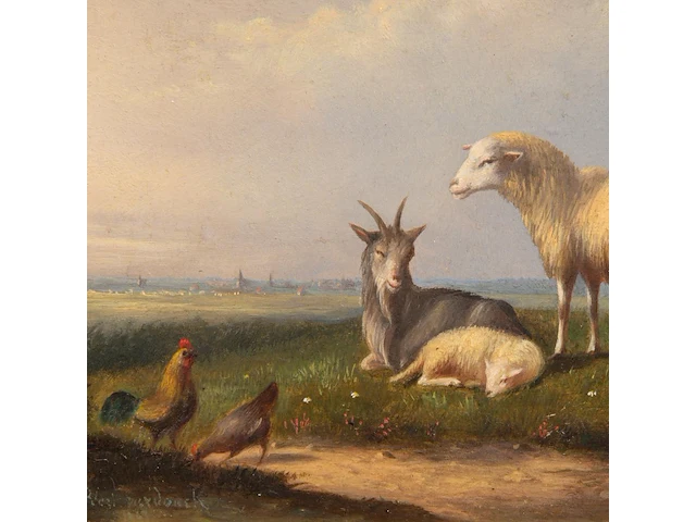 Frans van severdonck (1809-1889), sheep, a goat and chickens in a landscape, oil on panel 18 x 24 cm. (7.08 x 9.44 in.), frame: 43.5 x 49 cm. (17.12 x 19.28 in.) - afbeelding 5 van  6