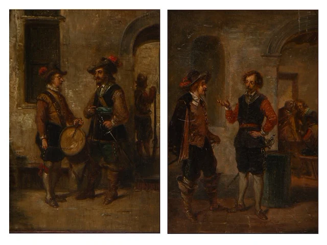 Franz geerts (1850-1944), a small pair of pendant paintings with 17thc inn scenes, oil on panel in a richly carved renaissance revival frame 14 x 10 cm. (5.50 x 3.94 in.), frame: 24 x 16.5 cm. (9.44 x 6 1/2 in.) - afbeelding 1 van  5