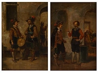 Franz geerts (1850-1944), a small pair of pendant paintings with 17thc inn scenes, oil on panel in a richly carved renaissance revival frame 14 x 10 cm. (5.50 x 3.94 in.), frame: 24 x 16.5 cm. (9.44 x 6 1/2 in.)