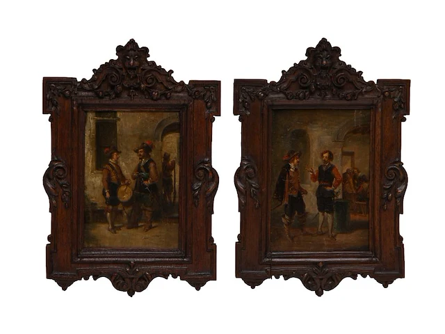 Franz geerts (1850-1944), a small pair of pendant paintings with 17thc inn scenes, oil on panel in a richly carved renaissance revival frame 14 x 10 cm. (5.50 x 3.94 in.), frame: 24 x 16.5 cm. (9.44 x 6 1/2 in.) - afbeelding 2 van  5