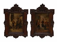 Franz geerts (1850-1944), a small pair of pendant paintings with 17thc inn scenes, oil on panel in a richly carved renaissance revival frame 14 x 10 cm. (5.50 x 3.94 in.), frame: 24 x 16.5 cm. (9.44 x 6 1/2 in.) - afbeelding 2 van  5