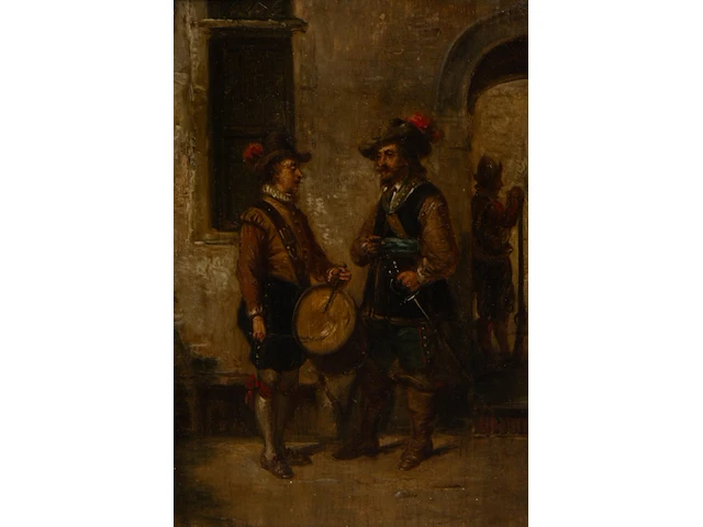 Franz geerts (1850-1944), a small pair of pendant paintings with 17thc inn scenes, oil on panel in a richly carved renaissance revival frame 14 x 10 cm. (5.50 x 3.94 in.), frame: 24 x 16.5 cm. (9.44 x 6 1/2 in.) - afbeelding 4 van  5