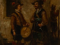 Franz geerts (1850-1944), a small pair of pendant paintings with 17thc inn scenes, oil on panel in a richly carved renaissance revival frame 14 x 10 cm. (5.50 x 3.94 in.), frame: 24 x 16.5 cm. (9.44 x 6 1/2 in.) - afbeelding 4 van  5