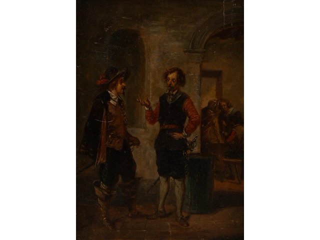 Franz geerts (1850-1944), a small pair of pendant paintings with 17thc inn scenes, oil on panel in a richly carved renaissance revival frame 14 x 10 cm. (5.50 x 3.94 in.), frame: 24 x 16.5 cm. (9.44 x 6 1/2 in.) - afbeelding 5 van  5