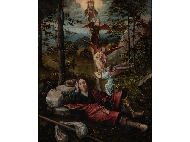 French or flemish school, the dream of jacob, 16thc, oil on oak 42 x 33.5 cm. (16.53 x 13.18 in.), frame: 62 x 52 cm. (24.41 x 20.46 in.) - afbeelding 1 van  5