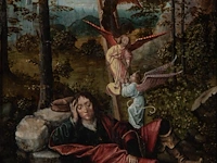 French or flemish school, the dream of jacob, 16thc, oil on oak 42 x 33.5 cm. (16.53 x 13.18 in.), frame: 62 x 52 cm. (24.41 x 20.46 in.)