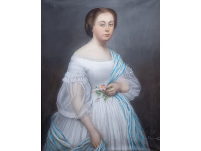 French school, portrait of a young woman, dated 1863, pastel on paper canvas 92 x 74 cm. (36.21 x 29.12 in.), frame: 112 x 94 cm. (44.09 x 37.00 in.) - afbeelding 1 van  6