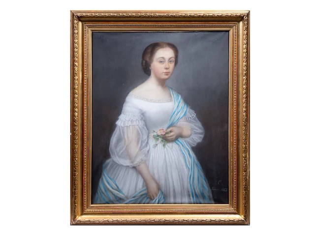 French school, portrait of a young woman, dated 1863, pastel on paper canvas 92 x 74 cm. (36.21 x 29.12 in.), frame: 112 x 94 cm. (44.09 x 37.00 in.) - afbeelding 2 van  6